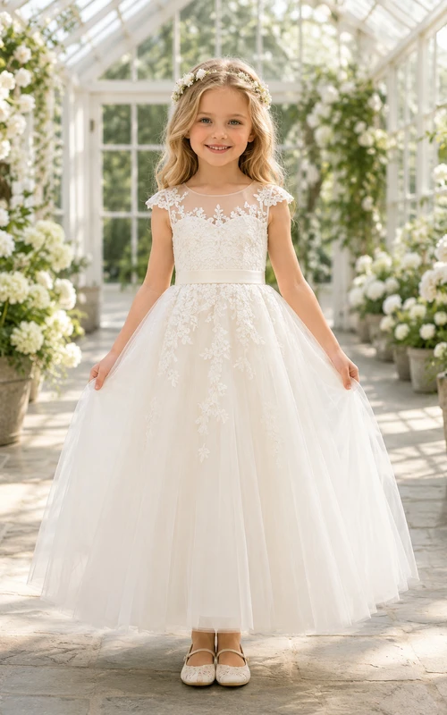 Vestido de niña de las flores color marfil, largo hasta los tobillos, de encaje y tul, con mangas cortas con efecto ilusión y lazo en la espalda.