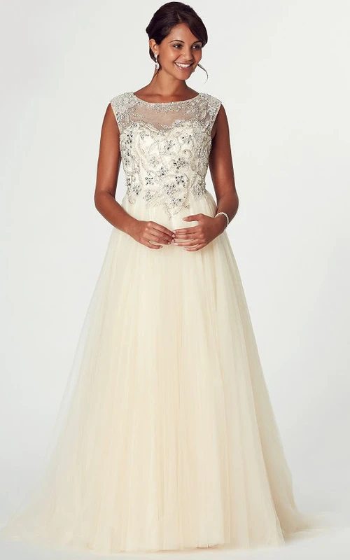 Ärmelloses A-Linien-Abendkleid aus Tüll mit Perlenbesatz und Rundhalsausschnitt
