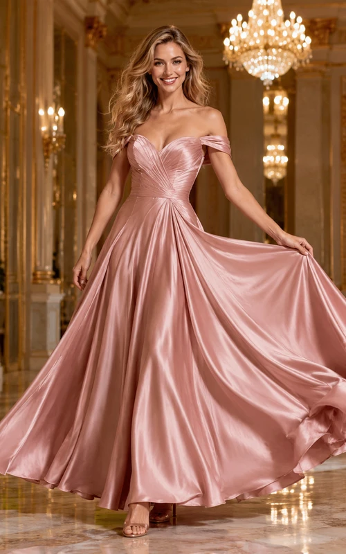 Glamuroso vestido de fiesta largo de satén rosa empolvado con escote Bardot.