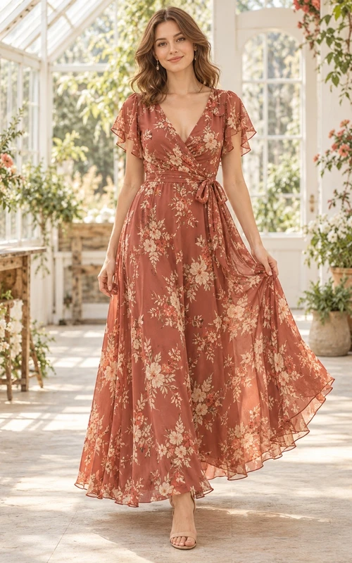 Vestido de dama de honor de gasa color bermellón con escote en V, mangas con volantes y estampado floral bohemio, largo hasta los tobillos.