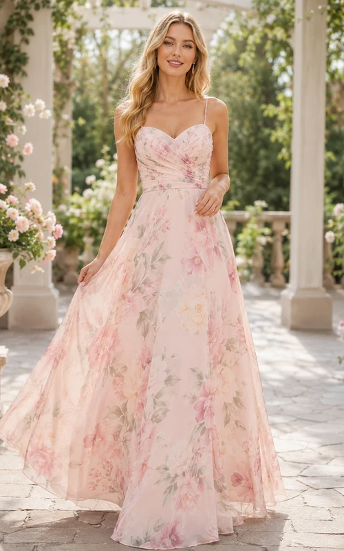 Blush Floral Strapless Chiffon A Line Floor Length Bridesmaid Dress