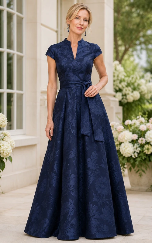Dunkelblaues Brokat-Mutterkleid in A-Linie mit kurzen Ärmeln