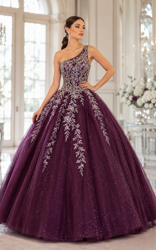 Vestido de gala formal de princesa para quinceañera, color plata ciruela, de lujo, con un solo hombro y bordados.