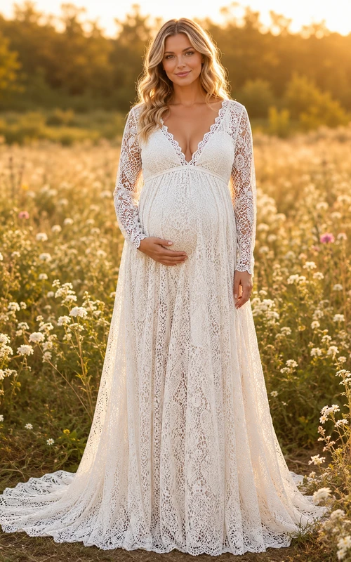 Vestido de novia premamá de manga larga con escote en V, encaje integral y cola de corte.