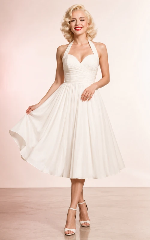 White Halter Sweetheart Tea Length Marilyn Cocktail Party Dress Chiffon