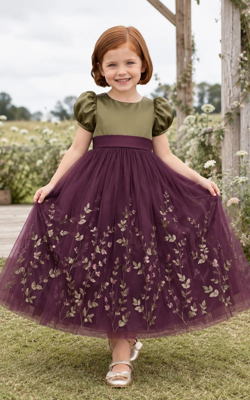 Flower Girl Dress A-Line Burgundy Olive Floral Tulle Puff Sleeve Party