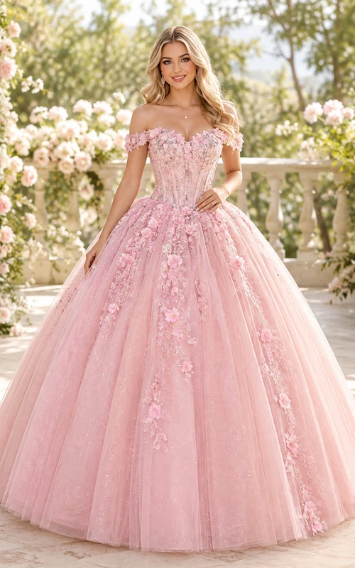 Vestido de gala largo hasta el suelo de tul con apliques florales y hombros descubiertos, color rosa rubor, estilo princesa, ideal para quinceañeras, graduaciones y eventos formales.
