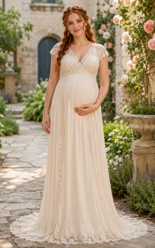 Maternity Wedding Dress V Neck Cap Sleeve Lace Chiffon Garden Gown with Soft Train