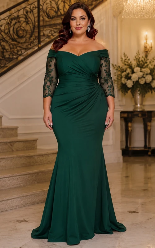 Vestido de talla grande verde oscuro con hombros descubiertos y mangas de encaje estilo sirena