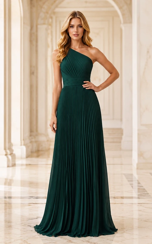 Dunkelgrünes, schulterfreies, plissiertes Chiffon-Säulenkleid
