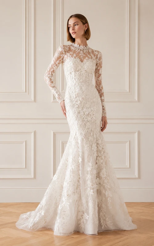 Long Sleeve Lace Mermaid Wedding Dress with Illusion Back
