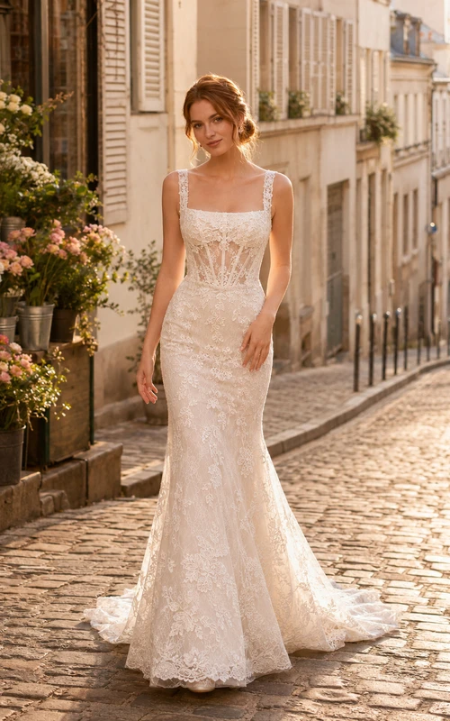 Robe de mariée sirène en dentelle, bretelles spaghetti, traîne, dos nu en V