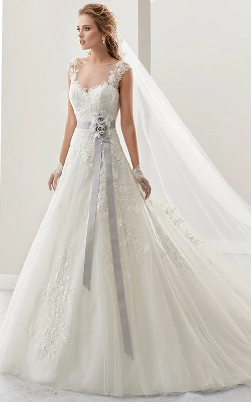 Cap sleeve Lace Bridal Gown with Flower Satin Sash and Open Back