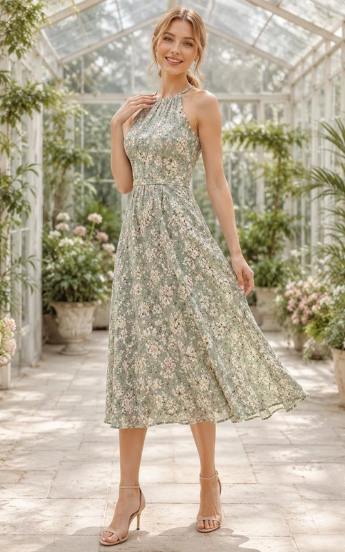Robe romantique sans manches à bretelles fleuries céladon, coupe trapèze, longueur thé