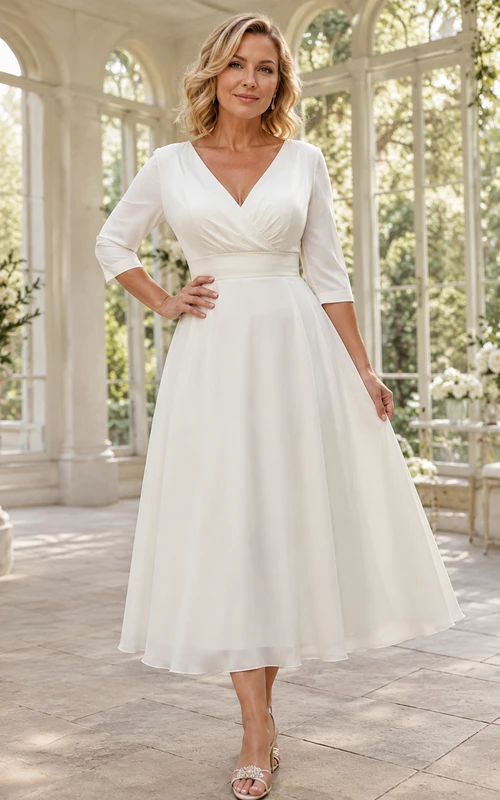 Elegantes, weißes, plissiertes Chiffonkleid mit V-Ausschnitt, Dreiviertelärmeln und Teekleid für Mütter
