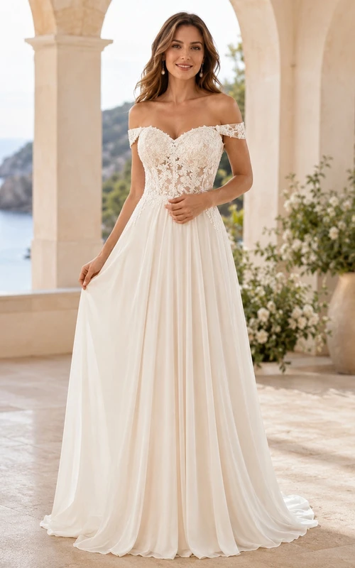 Brautkleid aus Chiffon, schulterfrei, kurzärmelig, A-Linie, bodenlang, plissiert, mit Spitze