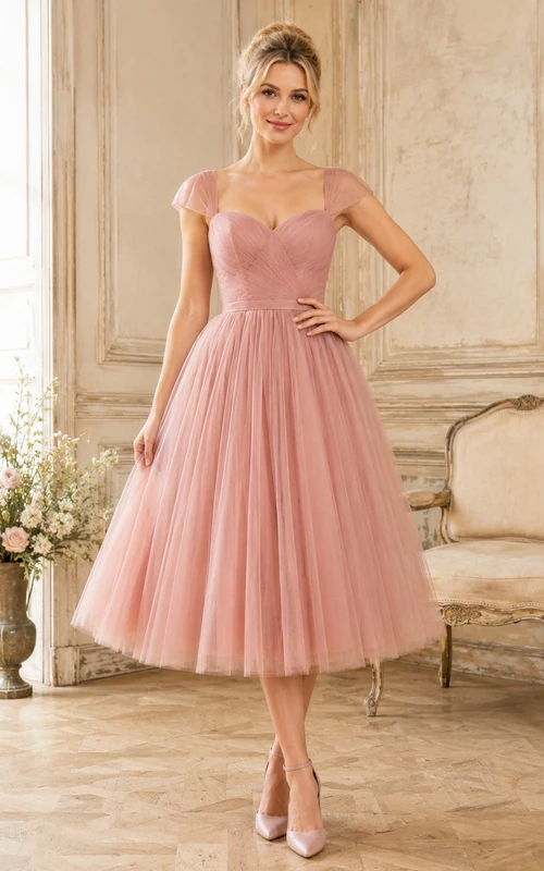Vintage-Kleid in zartem Rosa aus Tüll mit herzförmigem Ausschnitt, kurzen Ärmeln und A-Linien-Schnitt, wadenlang.