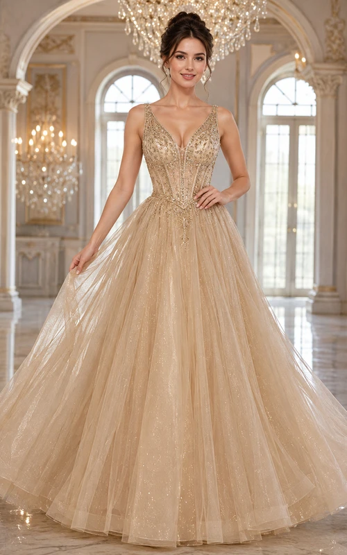 Champagnerfarbenes Tüll-Ballkleid mit V-Ausschnitt