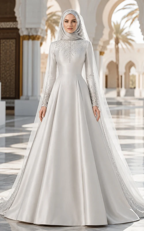 Vestido de novia musulmán modesto de satén con cuello alto y manga larga, corte en A