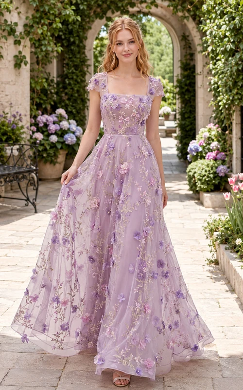 Robe de mariée champêtre en organza à bretelles fleuries lavande, coupe trapèze, style jardin