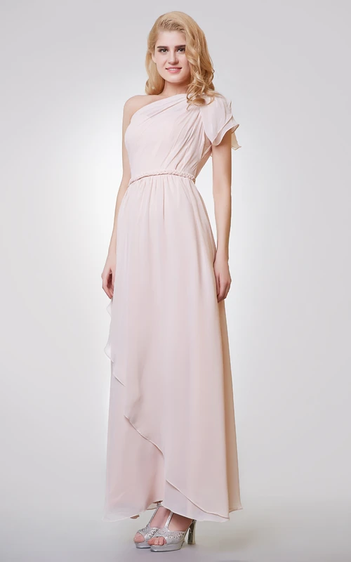 Robe longue asymétrique en mousseline de soie à une épaule et drapé sur le côté
