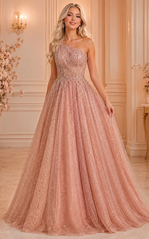Funkelndes Abendkleid aus roségoldenem Tüll mit One-Shoulder