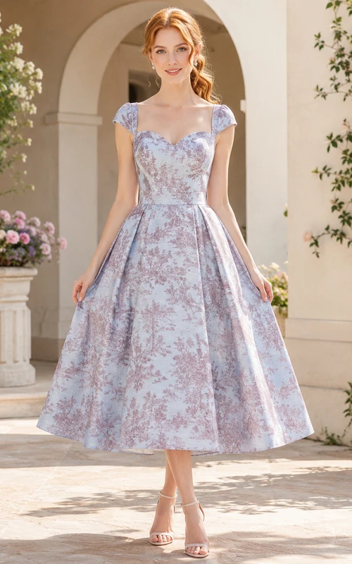 Robe de soirée bleue à fleurs, col carré, manches courtes, coupe trapèze, longueur thé