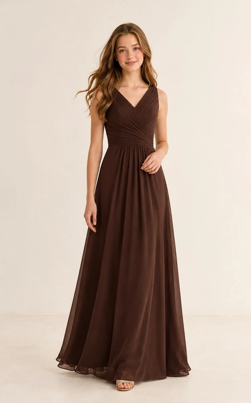 Vestido de dama de honor juvenil marrón, corte en A, escote en V, sin mangas, fruncido, elegante.