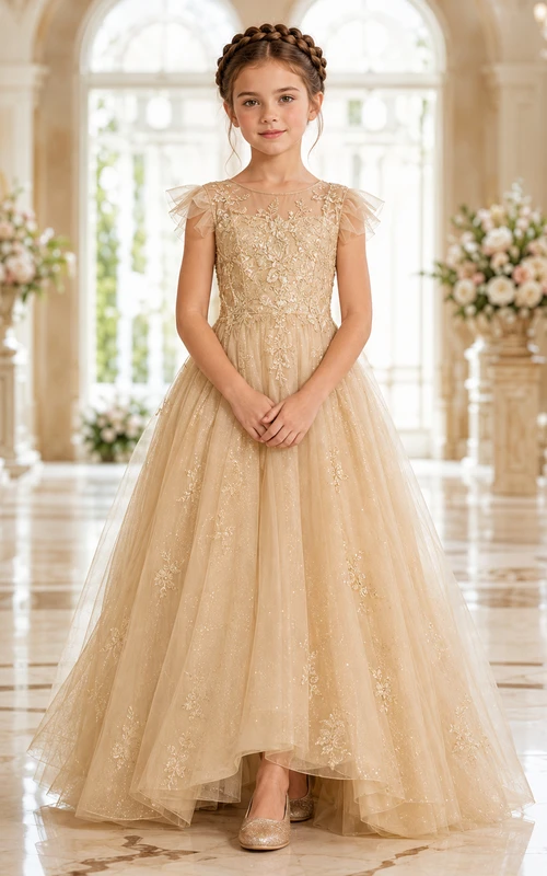 Robe de bal en tulle et dentelle champagne pour demoiselle d'honneur
