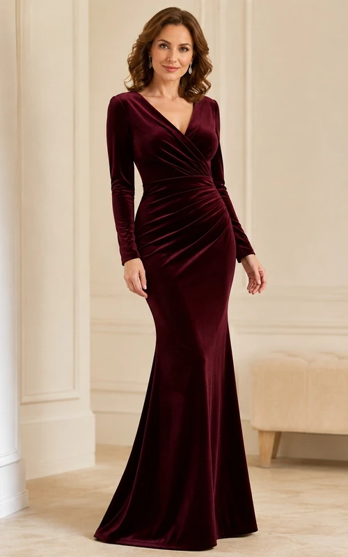 Burgundy Ruched Long Sleeve Velvet Mermaid Evening Gown Dress
