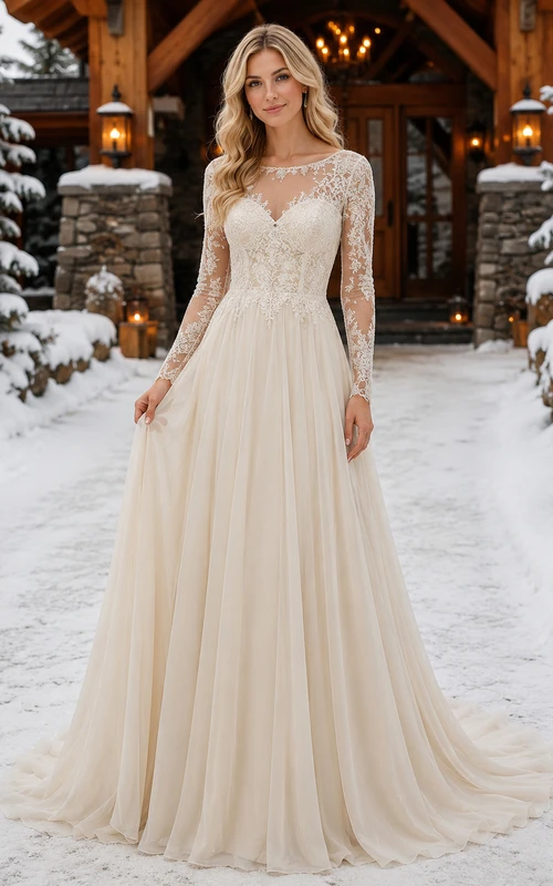 Champagnerfarbenes, langärmeliges A-Linien-Spitzenkleid im Lodge-Stil