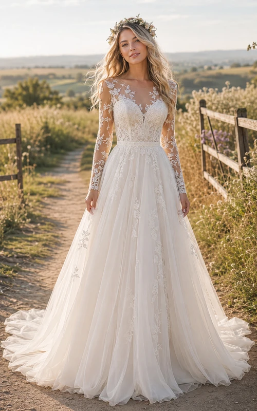 Robe de mariée champêtre illusion à manches longues et coupe trapèze, corsage et traîne en dentelle.