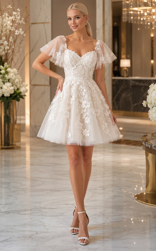 Elegant Short V-Neck Flutter Sleeve Lace Courthouse Romantic Wedding Dress