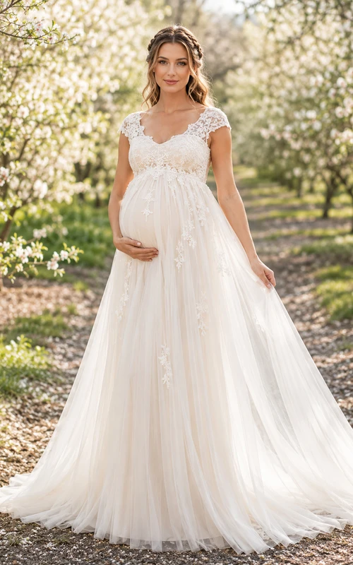 Maternity Cap Sleeve Lace V-Neck Empire A-Line Wedding Dress