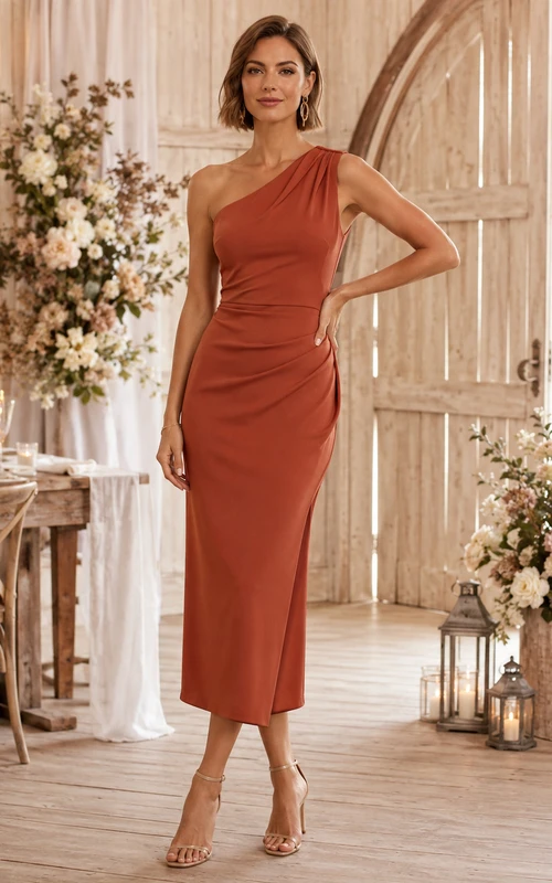 Terracotta One Shoulder Satin Sheath Tea Length Guest Dress