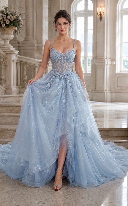 Sky Blue Spaghetti Beaded Corset Tulle Ball Gown Front Split Sweep Train Prom Dress