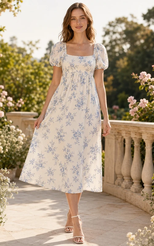 Bluebell Empire Ivory Tea-Length Square Short-Sleeve Cotton Vintage Guest Dress