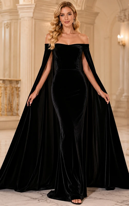 Vestido de fiesta formal de terciopelo negro con capa y hombros descubiertos.