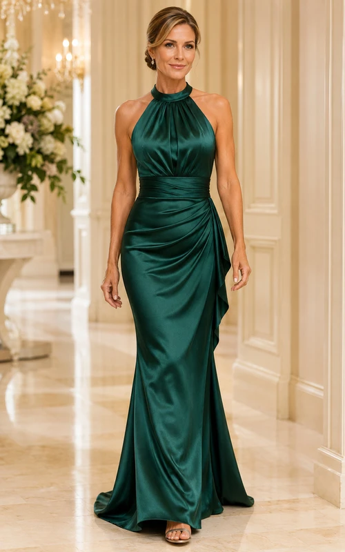 Dunkelgrünes Meerjungfrauen-Kleid aus Satin mit Neckholder und seitlicher Rüsche
