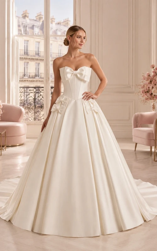 Vestido de novia romántico de satén blanco sin tirantes con lazo
