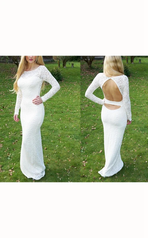 Robe fourreau en dentelle à manches longues et dos nu, longueur au sol