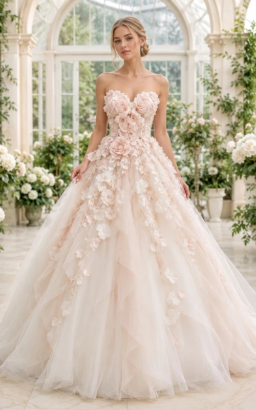 Off Shoulder Ball Gown Tulle bouquet-like Elegant Bridal Wedding Dress
