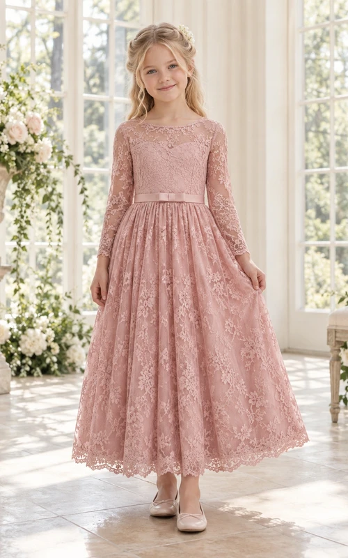 Vestido de niña de flores de manga larga, discreto, color rosa empolvado, corte A, encaje, largo hasta los tobillos, con borde festoneado.