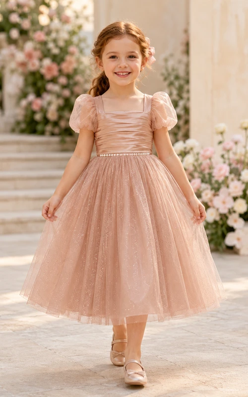 Klassisches A-Linien-Kleid aus Tüllspitze für Blumenmädchen mit kurzen Ärmeln, Rundhalsausschnitt, wadenlangem Rock und Schleifendetail.