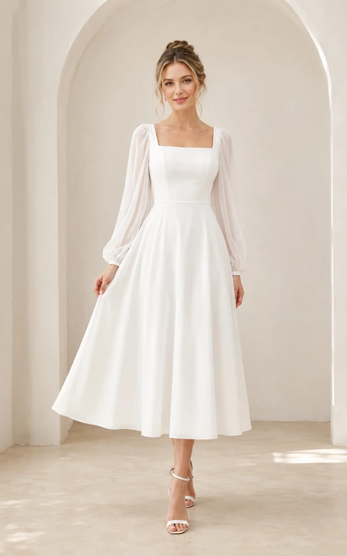 Quiet Arcade White A-Line Tea-Length Square Long-Sleeve Chiffon Modest Cocktail Dress