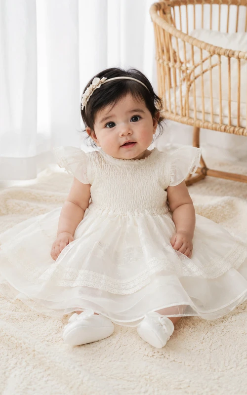 Flutter Sleeve Christening Dress A-Line Organza Tulle Jewel Neck Layered Skirt