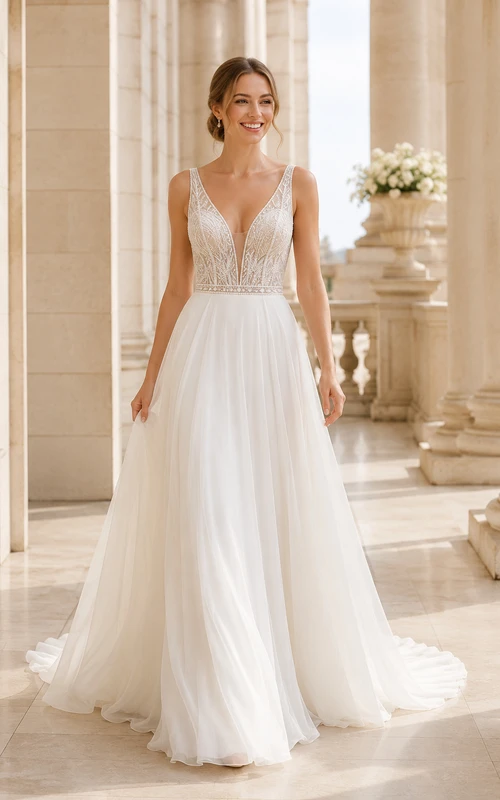 Wedding A-Line Chiffon Dress with V-Neck Lace Bodice and Chapel Train