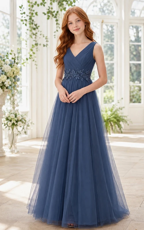 Schieferblaues Brautjungfernkleid für junge Frauen, A-Linie, V-Ausschnitt, ärmellos, Tüll, romantisch