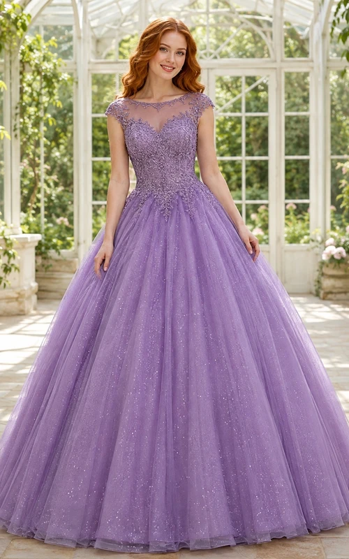 Lavender Prom Lacework Ball Gown Jewel Lace Short Sleeve Floor-length Romantic Dress