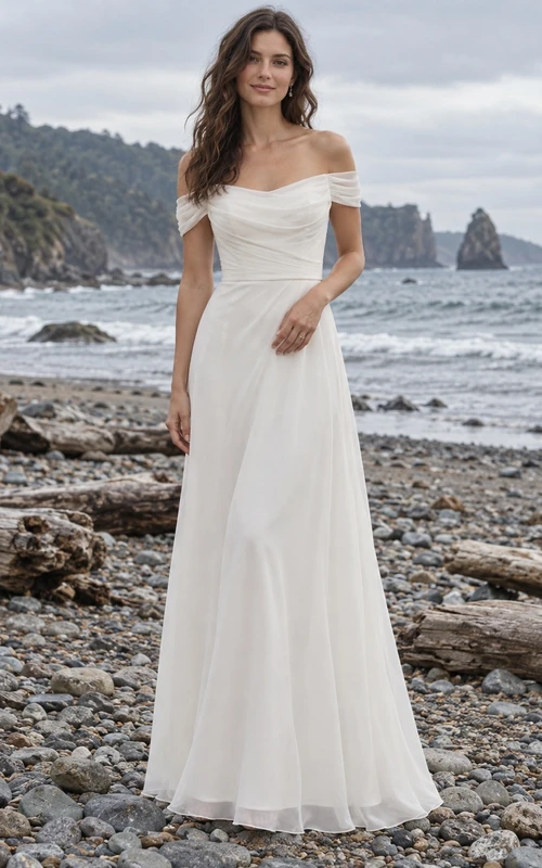 Vestido de novia sencillo de gasa con escote Bardot, corte en A, corpiño fruncido y falda larga hasta el suelo.